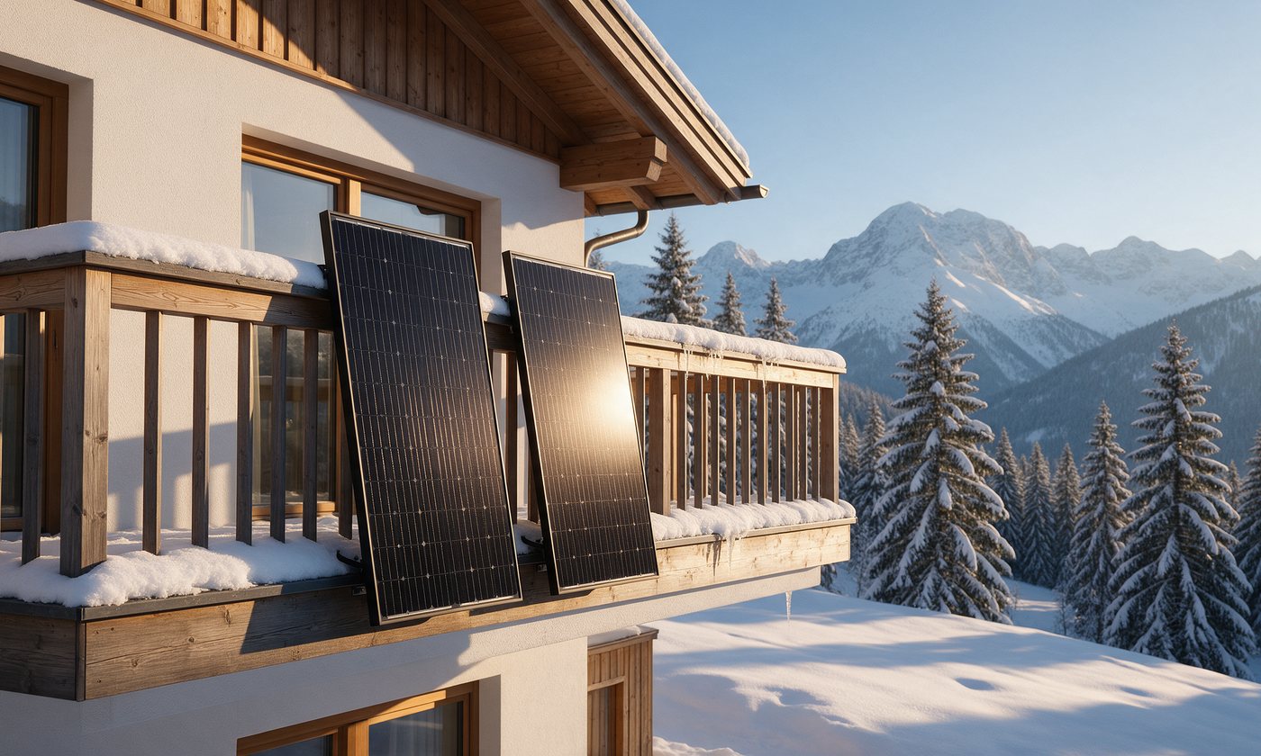 Balkonkraftwerk am Balkongeländer im verschneiten Alpenwinter